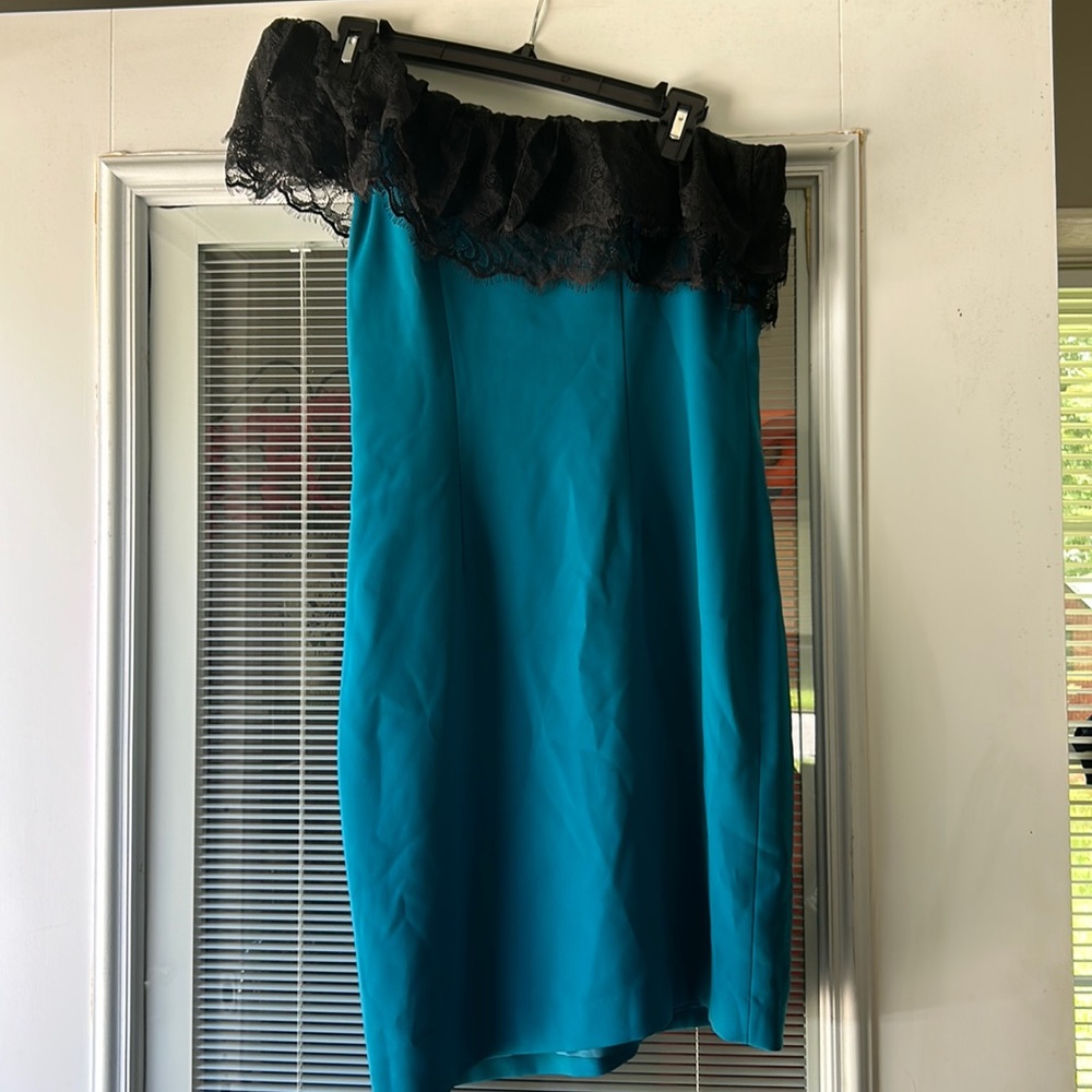 Turquoise dress with black lace off the shoulder, polyester fully lined